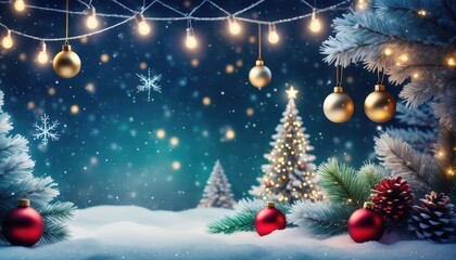 Magical winter wonderland scene christmas celebration snowy forest holiday decorations nighttime view festive atmosphere with lights and ornaments