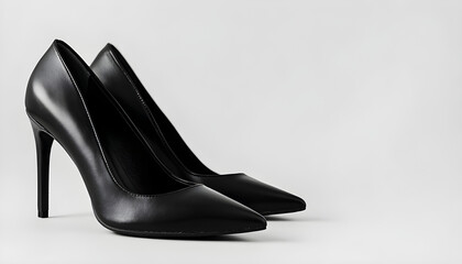 A pair of black high-heeled shoes on a plain background