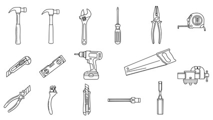 Obraz premium Collection of various hand and power tools, including hammers, wrenches, screwdrivers, pliers, saws, and a drill, illustrated in a clean line art style.