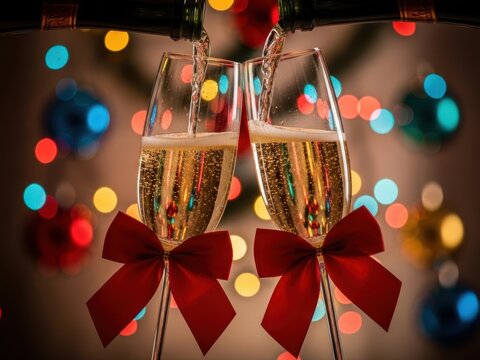 Two champagne glasses being filled from bottles with red bows against a festive bokeh background of colorful holiday lights and ornaments