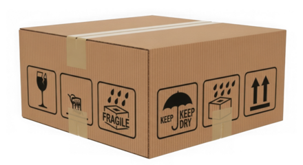 Brown cardboard shipping box with fragile and handling symbols