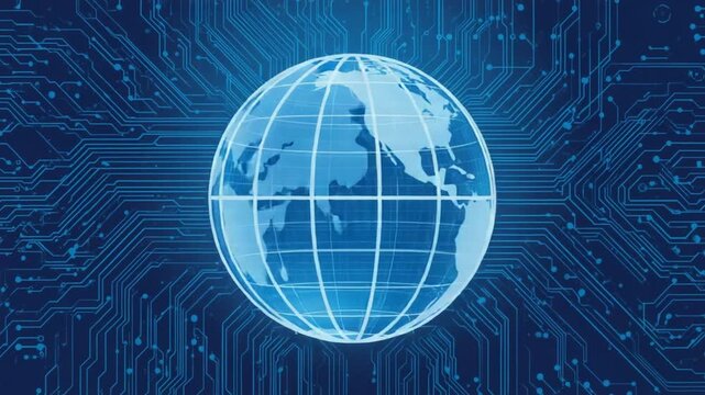 Digital Globe of Earth Overlayed on a Blue Circuit Board Pattern Background world