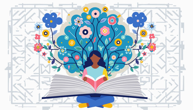 A woman sits reading an open book as a vibrant tree of knowledge with flowers and clouds blossoms, symbolizing imagination and learning