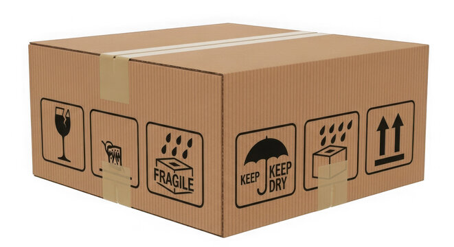 Brown cardboard shipping box with fragile and handling symbols