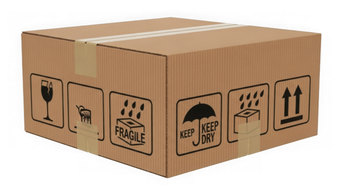 Brown cardboard shipping box with fragile and handling symbols