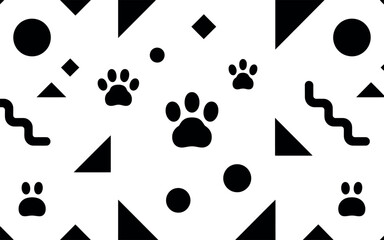 Abstract pattern featuring paw prints and geometric shapes in black and white