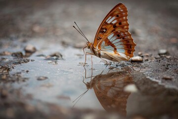Obraz premium Butterfly resting on wet ground reflection