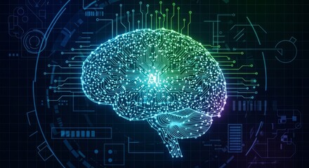 Fototapeta premium Abstract digital glowing brain illustration with interconnected lines and circuits