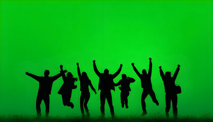 Black silhouettes of a group of people cheerfully celebrate their victory against a green chroma key background. Minimalist contrast and modern visual composition, mockup.