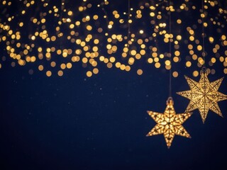 Fototapeta premium Two glowing, intricate starshaped christmas ornaments hang against a dark blue background illuminated by a cascade of warm, golden bokeh lights