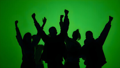 Black silhouettes of a group of people cheerfully celebrate their victory against a green chroma key background. Minimalist contrast and modern visual composition, mockup.