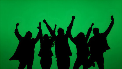 Black silhouettes of a group of people cheerfully celebrate their victory against a green chroma key background. Minimalist contrast and modern visual composition, mockup.