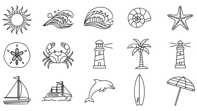 Set of hand-drawn line art icons representing summer and beach themes, including waves, shells, and marine life.