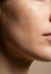 Obraz premium Extreme macro close-up of woman's cheek and jawline showing natural skin texture, pores, and fine hairs