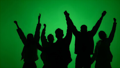 Black silhouettes of a group of people cheerfully celebrate their victory against a green chroma key background. Minimalist contrast and modern visual composition, mockup.