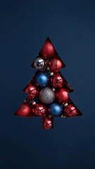 Christmas tree shape made of ornaments on dark blue background