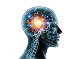 Glowing neural network inside human head illustrating brain activity and cognition transparent background