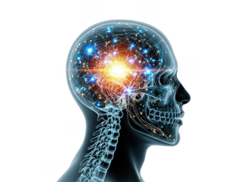 Glowing neural network inside human head illustrating brain activity and cognition transparent background