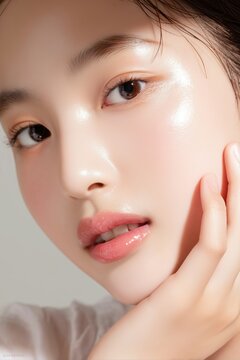 Extreme close-up of beautiful young Asian woman with dewy glass skin and glossy lips touching her cheek