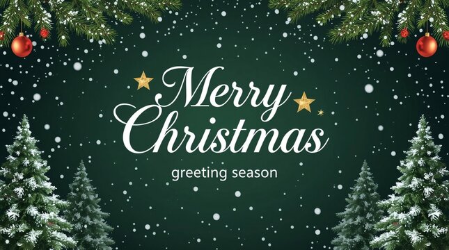 Festive merry christmas greeting with snow and evergreen trees