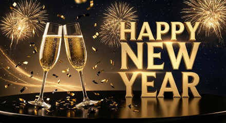 New Year Toast Celebration: Two Champagne glasses clink together in a celebratory toast under a cascade of fireworks, and the iconic Happy New Year letters shimmering in the background.