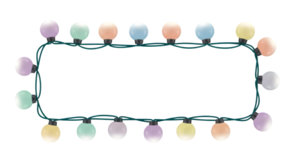 Watercolor string of colorful pastel light bulbs forming a rectangular frame, isolated on transparent background