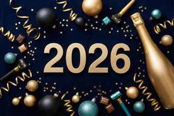 Countdown to 2026: A festive collection of golden ornaments and a champagne bottle, signifying the dawn of a new year, arranged with elegance and anticipation. 