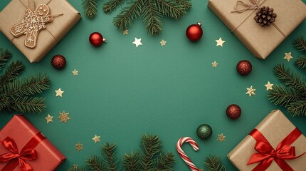 Festive christmas gifts and decorations arranged on a green background