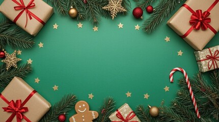 Festive christmas frame with gifts and ornaments on green background