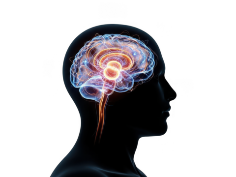 Vibrant human brain anatomy illuminated inside silhouette for medical education transparent background