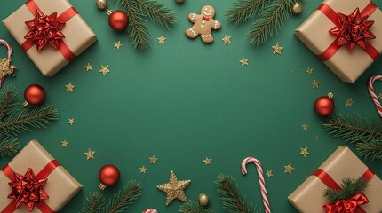 Festive christmas gifts and decorations border on green background