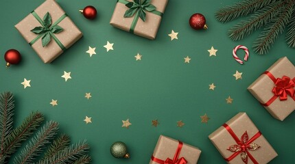 Festive christmas gifts and ornaments scattered on a green background