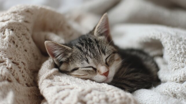 Close-up of a small kitten sleeping peacefully on a white blanket. the kitten is curled up with its eyes closed and its head resting on its front paws. - Powered by Adobe