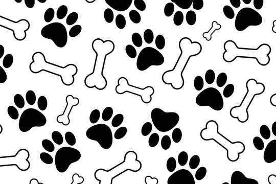 Seamless Pattern with Dog Paw Prints and Bones on White Background