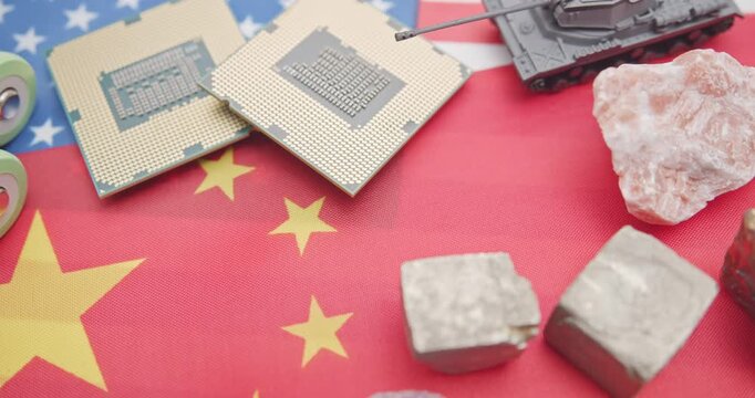 Conceptual footage of the superpower struggle. Features semiconductors, batteries, and raw materials on US and China flags, symbolizing the battle for technology dominance and security.