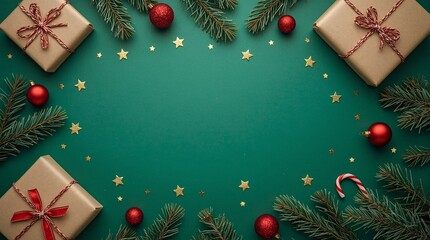 Festive christmas frame with gifts ornaments and pine branches