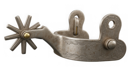 Aged metal cowboy boot spur with intricate western engravings