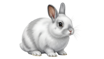 Cute fluffy white and gray baby rabbit sitting, isolated on transparent background