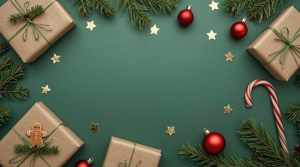 Festive christmas gifts and ornaments arranged on a green background
