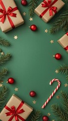 Festive christmas gifts and ornaments arranged on green background