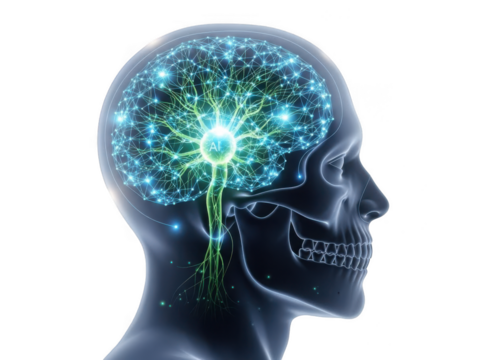 Glows and sparks neural network brain human head silhouette medical science transparent background