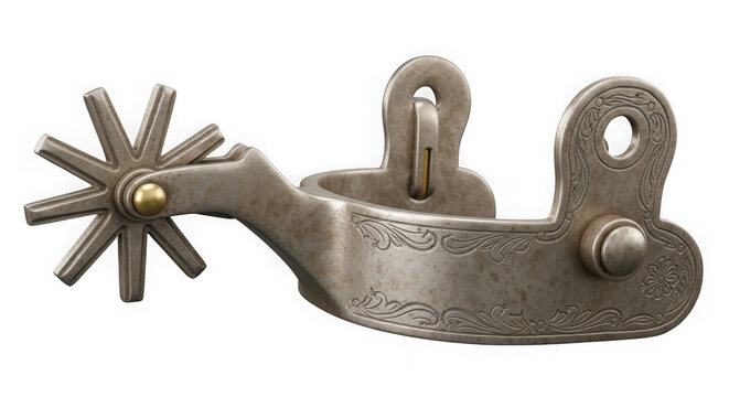 Aged metal cowboy boot spur with intricate western engravings