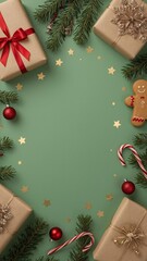 Festive christmas gifts and decorations arranged on a green background
