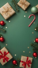 Festive christmas gifts and ornaments arranged on a green background