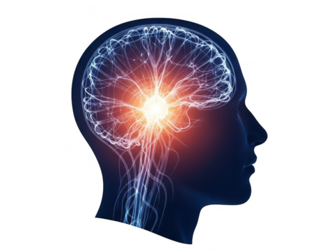Glowing brain activity silhouette representing neural network and cognitive function transparent background - Powered by Adobe