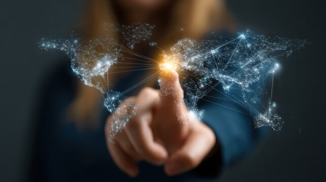 Hand touching global network connection on world map