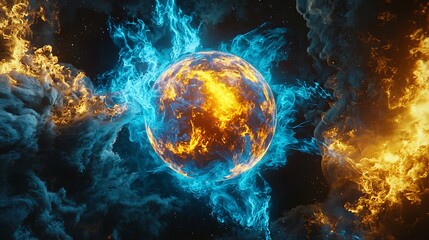 Blue molten planet engulfed by flames high resolution picture
