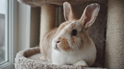 Obraz premium Close-up of a small rabbit sitting in a cat tree. the rabbit is white with light brown fur and has long, pointed ears. it is looking directly at the camera with a curious expression.