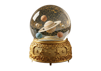Ornate golden base space themed snow globe with planets isolated on transparent background