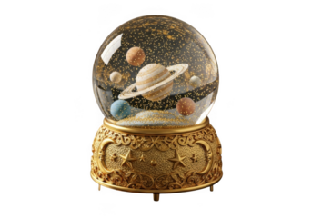 Ornate golden base space themed snow globe with planets isolated on transparent background